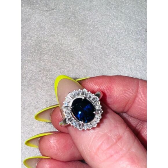 Oval Blue Sapphire Halo Ring  Classic Style Sterling silver size 7 - Picture 3 of 9